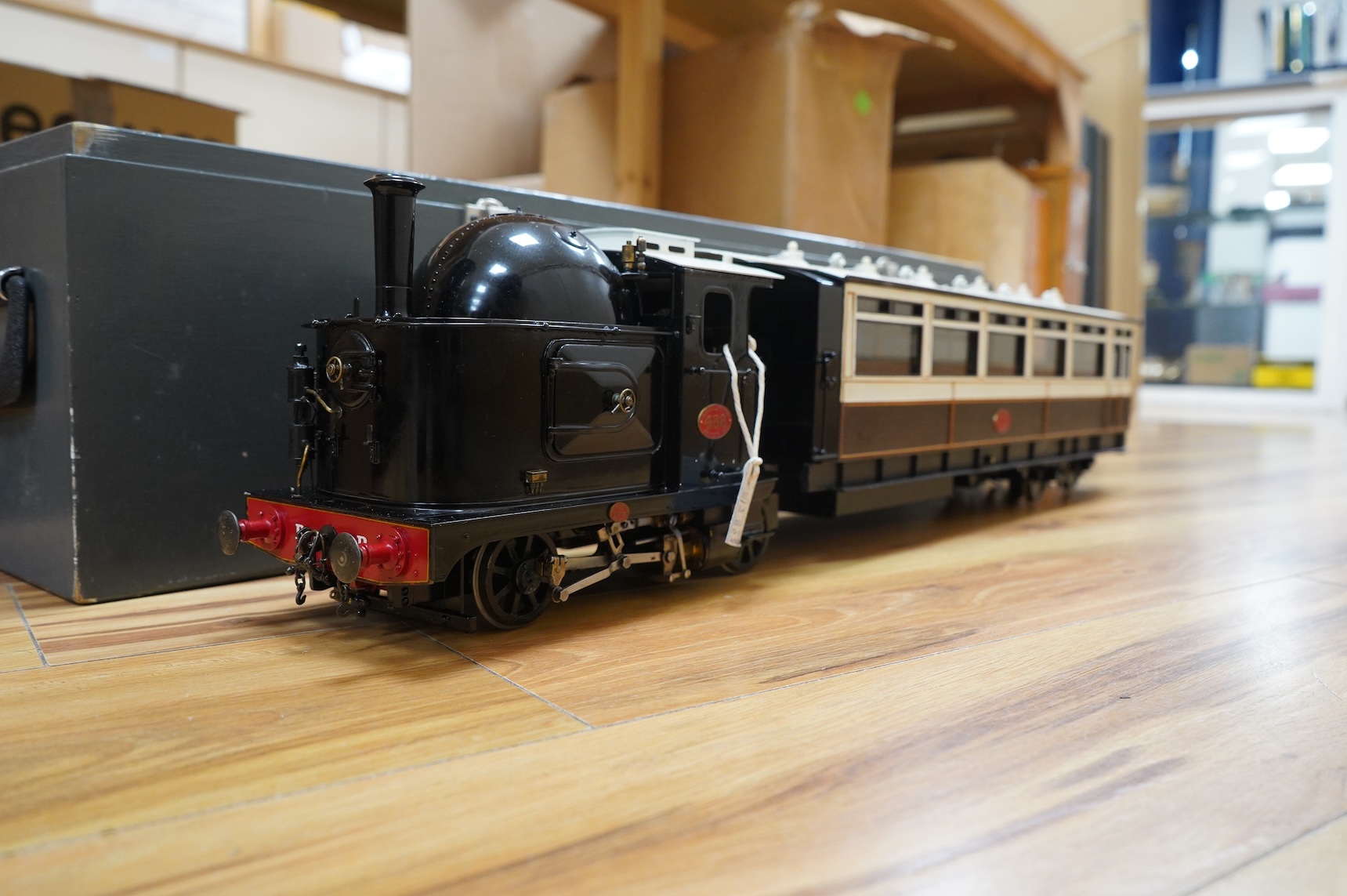 A GNSR (Great Northern Scottish Railway) live steam railcar, built by Richard Lewis and gauged for Gauge 3, originally constructed to run on 45mm rails, and built from a roundhouse chassis and boiler, gas fired with two